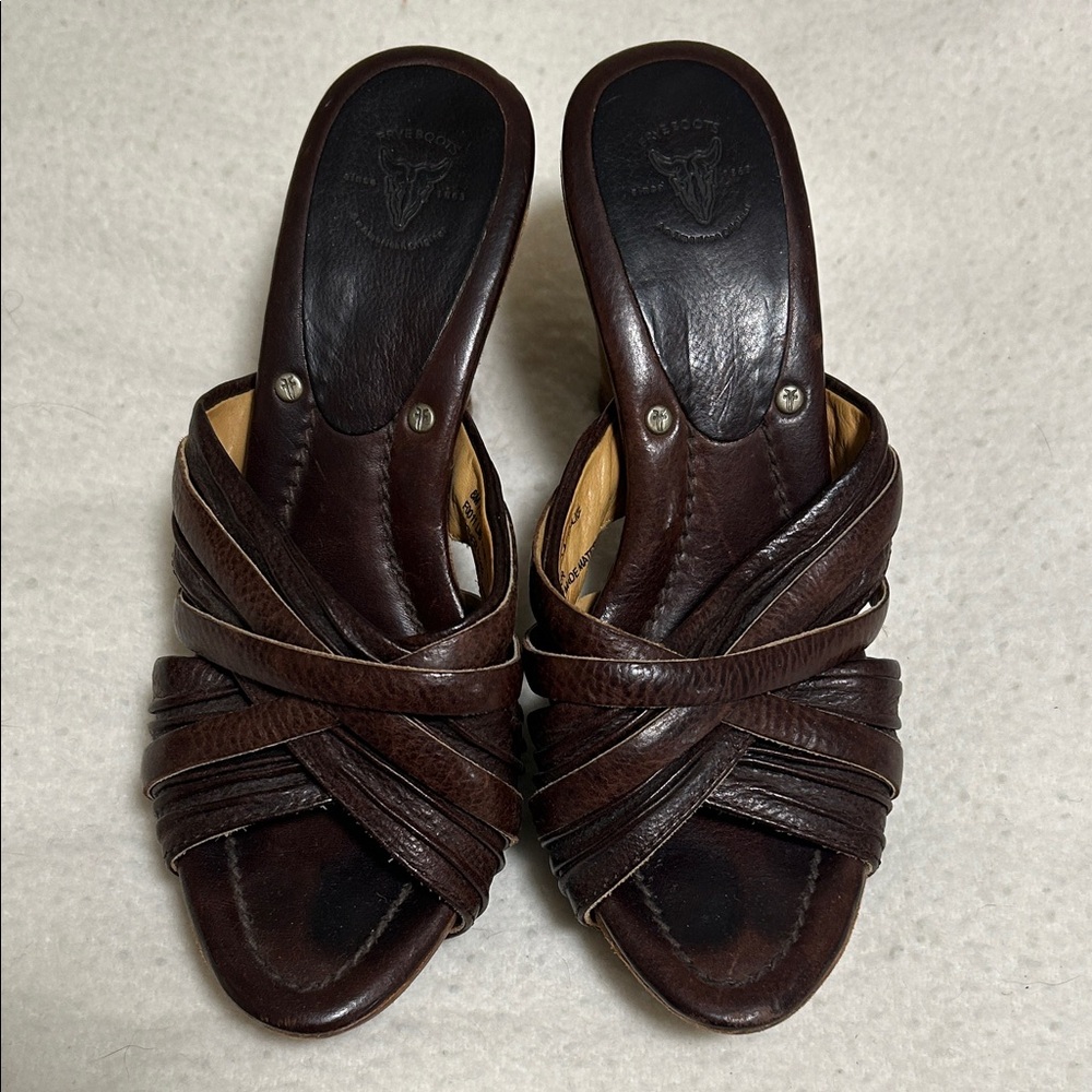 Frye Dark Brown Leather Heeled Sandals